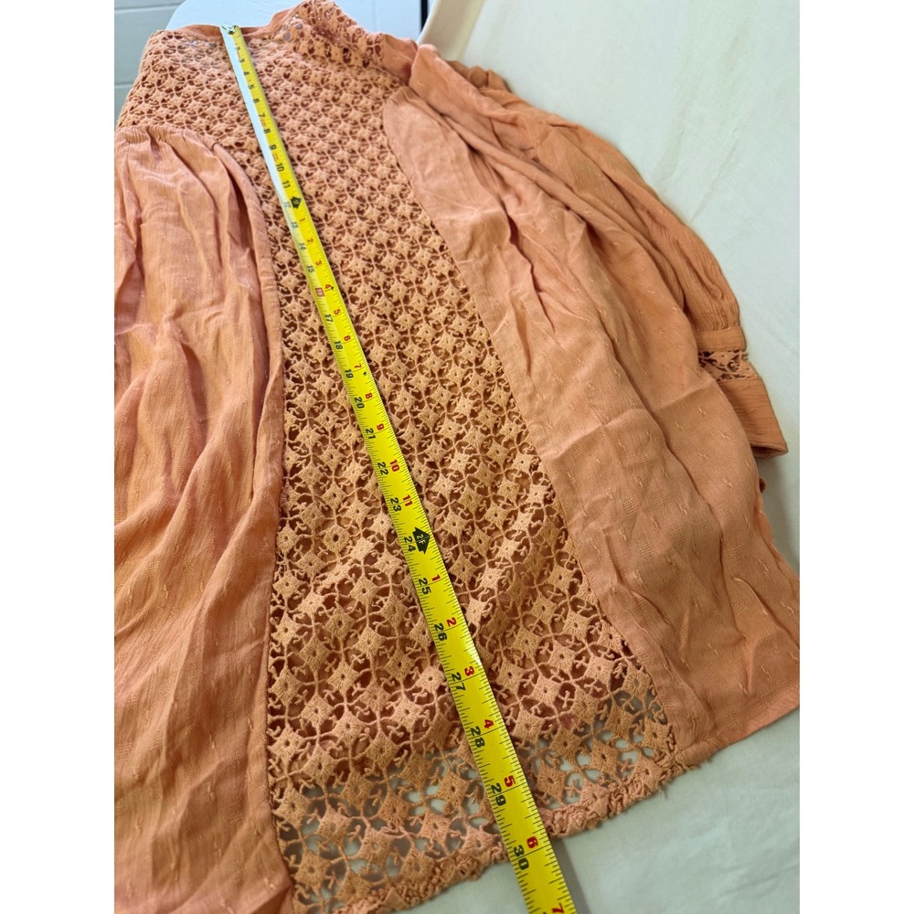 Free People Lace Inset Blouse Women Large Orange Long Sleeve Button Down Boho - Picture 5 of 12